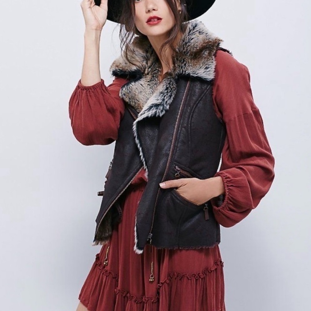 JKT Vegan Leather and Fur Vest in warm chocolate brown